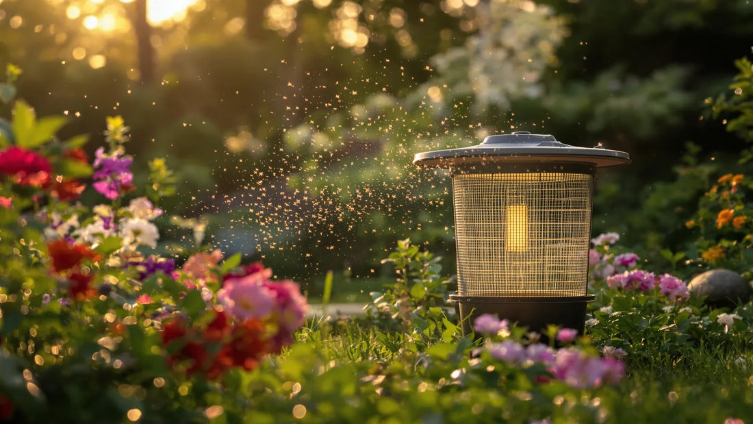 Piège à moustiques dans un jardin, avec un nuage de moustiques qui gravitent autour