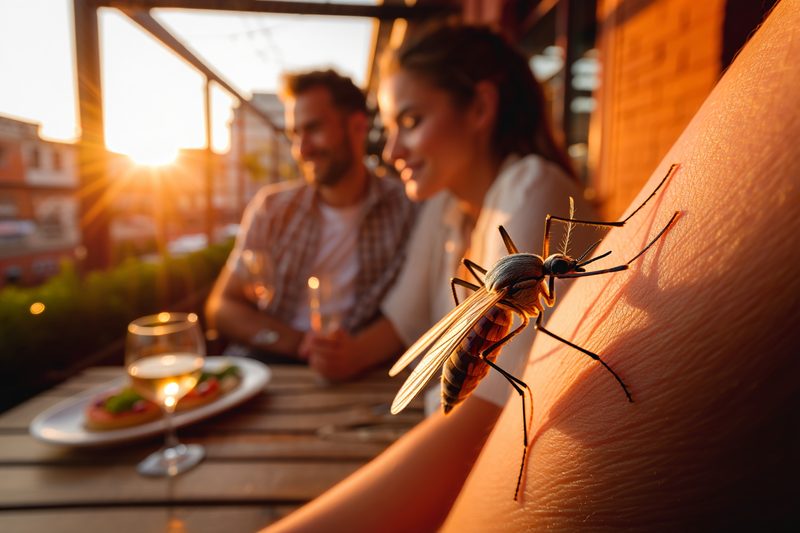 Couple dînant en terrasse à la tombée du jour, un moustique au premier plan
